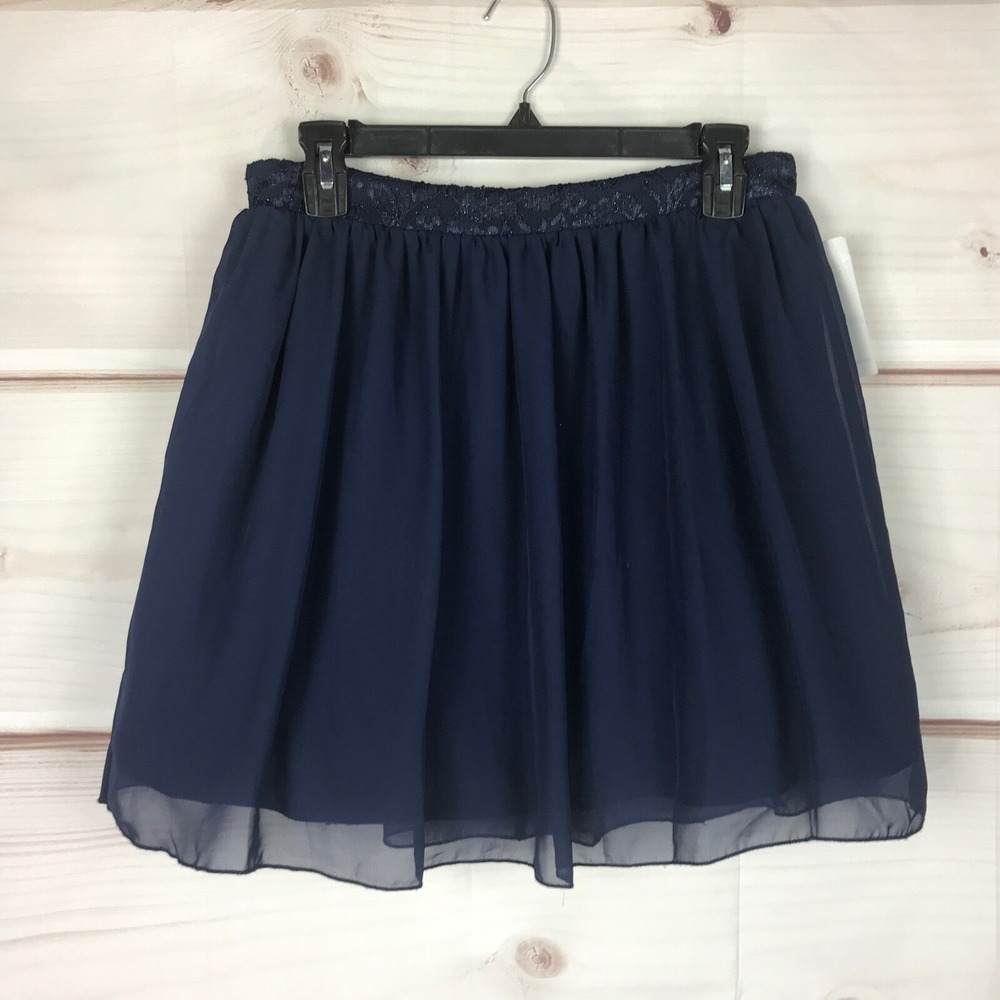 Speechless Skirt Juniors 9 Blue Chiffon A-Line Mini Lace Trim Zipper Lined Solid